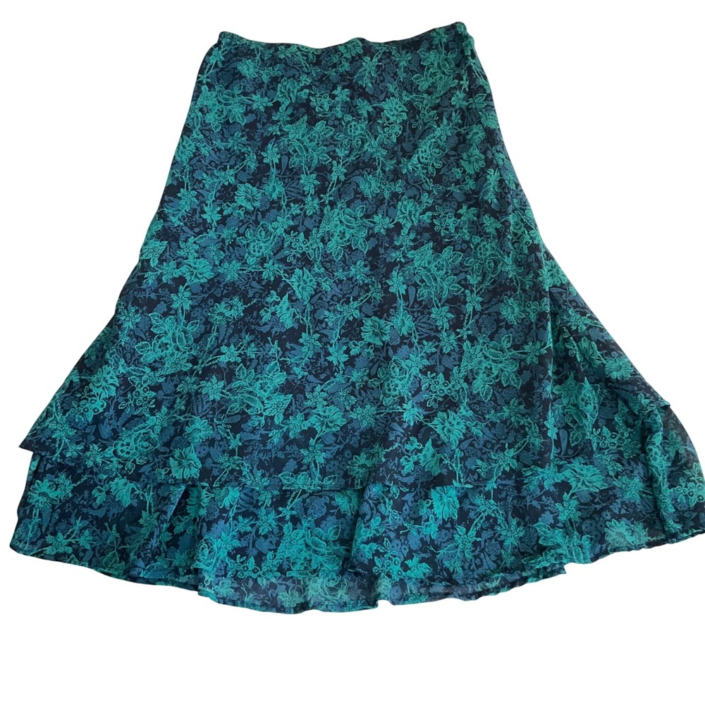White Stag Midi Skirt Womens Large L Navy Teal Floral Tiered Chiffon Layered